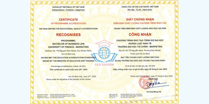 Khoa Kinh tế - Luật nhận giấy chứng nhận kiểm định chất lượng chương trình đào tạo ngành LUẬT KINH TẾ